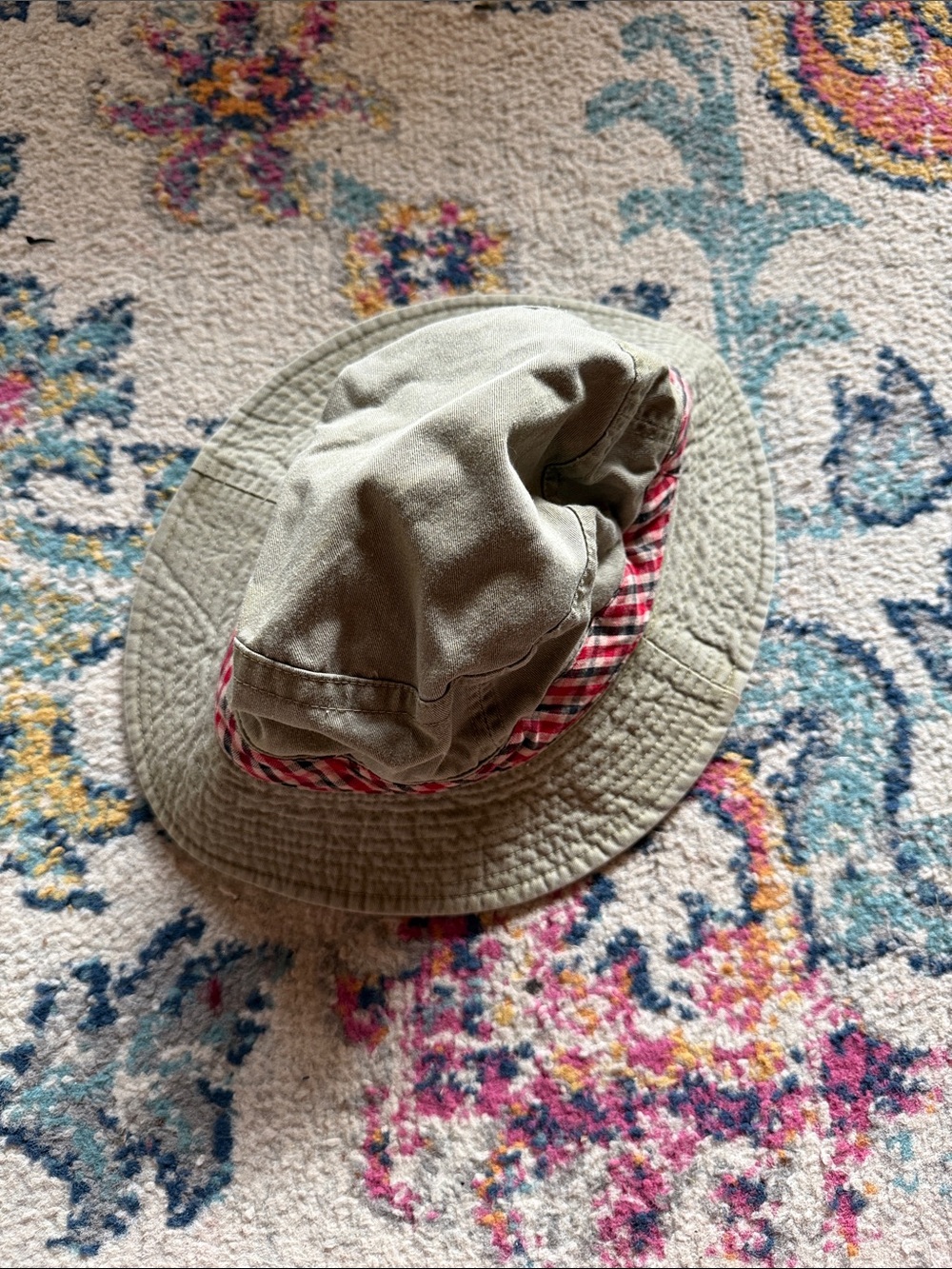 Reversible Kids Bucket Hat in Olive with Red Plaid Trim